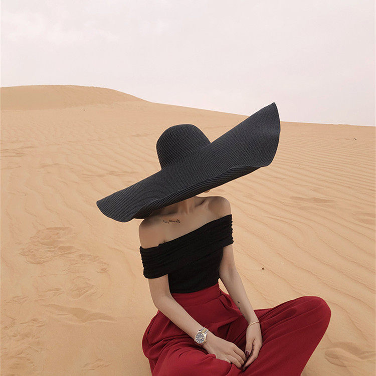 时尚博主同款加长檐黑色草帽女夏沙滩帽凹造型拍照摄影超大檐帽子