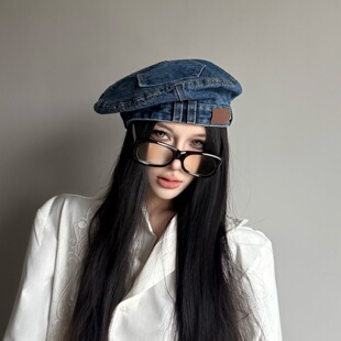 复古画家帽 口袋贝雷帽子女春秋冬时尚 小众设计师款 做旧水洗牛仔裤