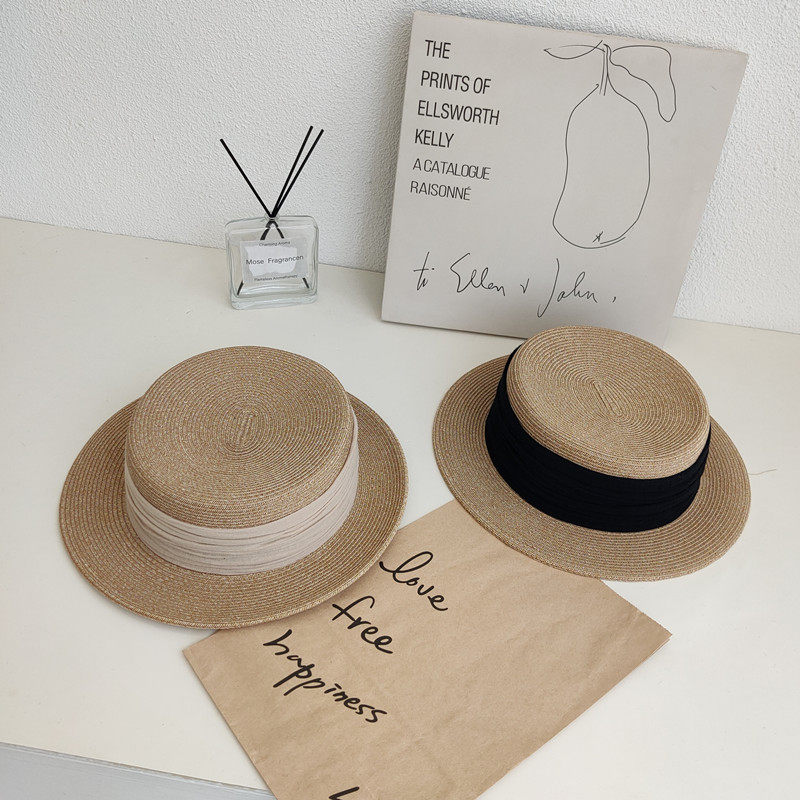 日系平檐草帽复古英伦风褶皱布棉麻织带短檐草编礼帽子女夏天遮阳