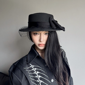 法式 复古蝴蝶结网纱平顶草帽子女夏季 海边度假风防晒遮阳小檐礼帽