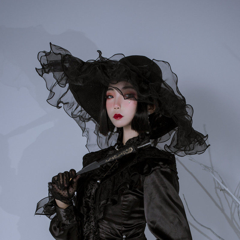法式赫本风蕾丝花边草帽写真拍照欧根纱大沿礼帽造型森女超仙帽子