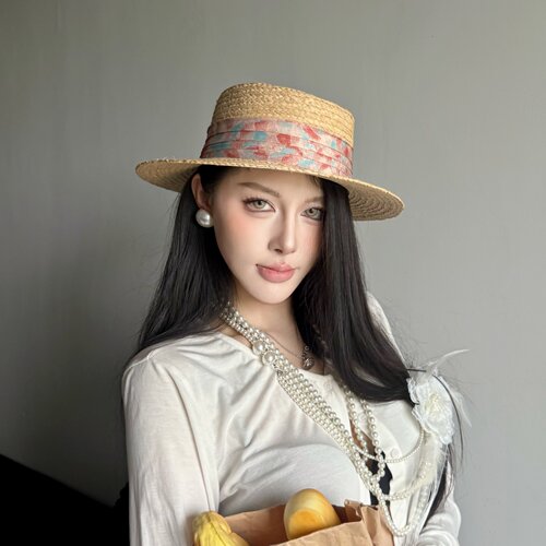法式优雅复古凹槽帽顶拉菲草帽女