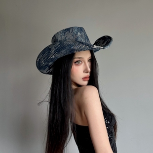 欧美英伦复古辣妹风亮片卷边西部牛仔帽子女秋冬新款 大檐爵士礼帽