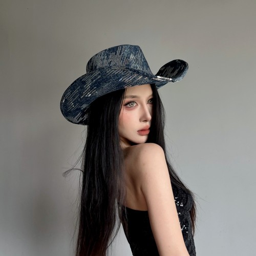 欧美英伦复古辣妹风亮片卷边西部牛仔帽子女秋冬新款大檐爵士礼帽