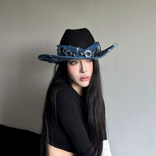 破洞牛仔裤拼接仿毛呢爵士礼帽女