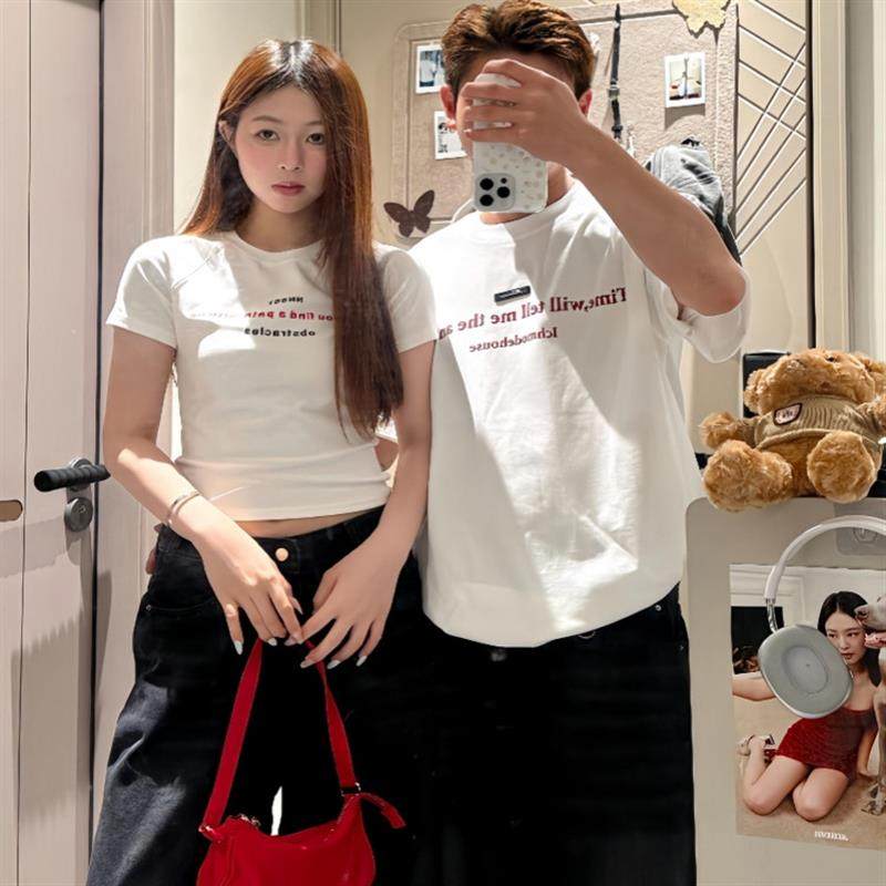 纯棉一长一短款情侣装短袖t恤2025新款爆款小众设计感简约上衣服,女装/女士精品,T恤,淘宝优惠券,粉丝福利购,淘宝优惠卷