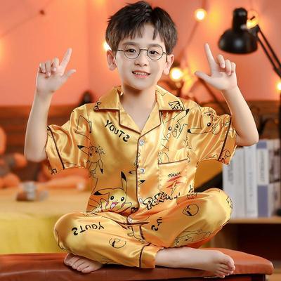 儿童睡衣夏季薄款冰丝比卡丘小孩短袖长裤丝绸男女童大码空调套装