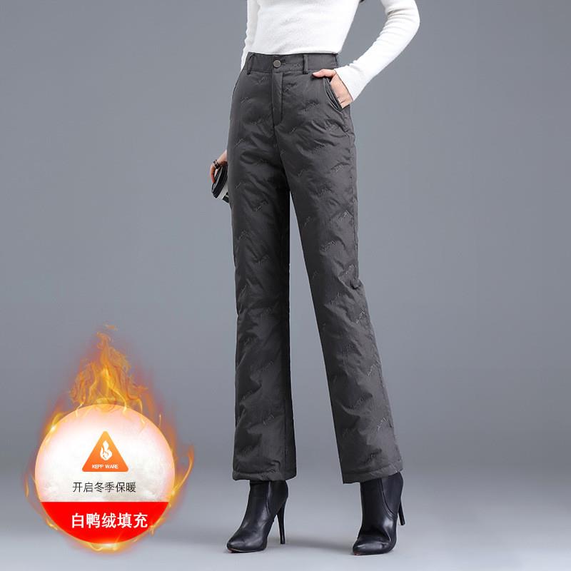 轻暖瘦羽绒裤女裤子冬款加绒裤保暖裤黑色裤流行喇叭裤高腰棉裤女