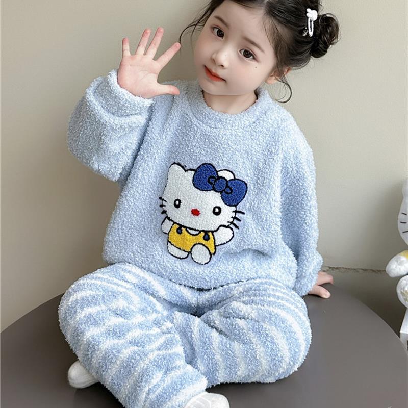 女童睡衣套装2025新款秋冬儿童法兰绒加厚家居服珊瑚绒女宝宝两件