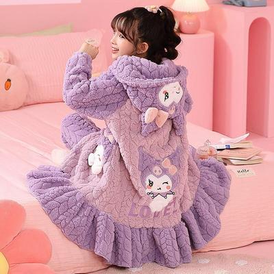 女童睡衣儿童女孩睡袍冬季加绒加厚珊瑚绒小孩库洛米法兰绒家居服