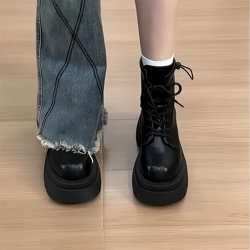 厚底马丁靴女2025新款秋冬加绒靴子百搭短筒英伦风小个子增高短靴