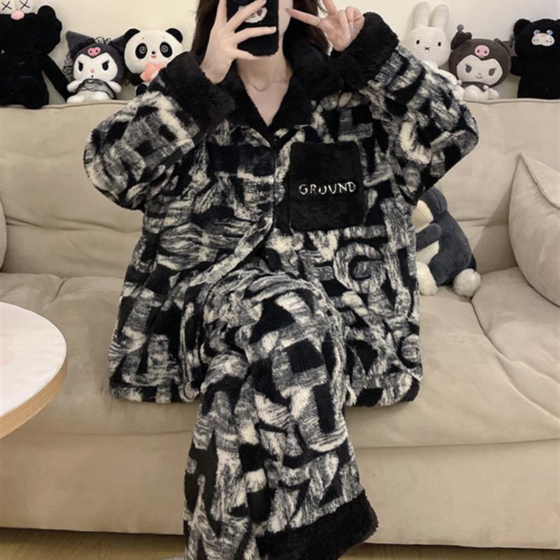 珊瑚绒睡衣女士秋冬季长袖保暖法兰绒加绒加厚可爱冬天家居服套装