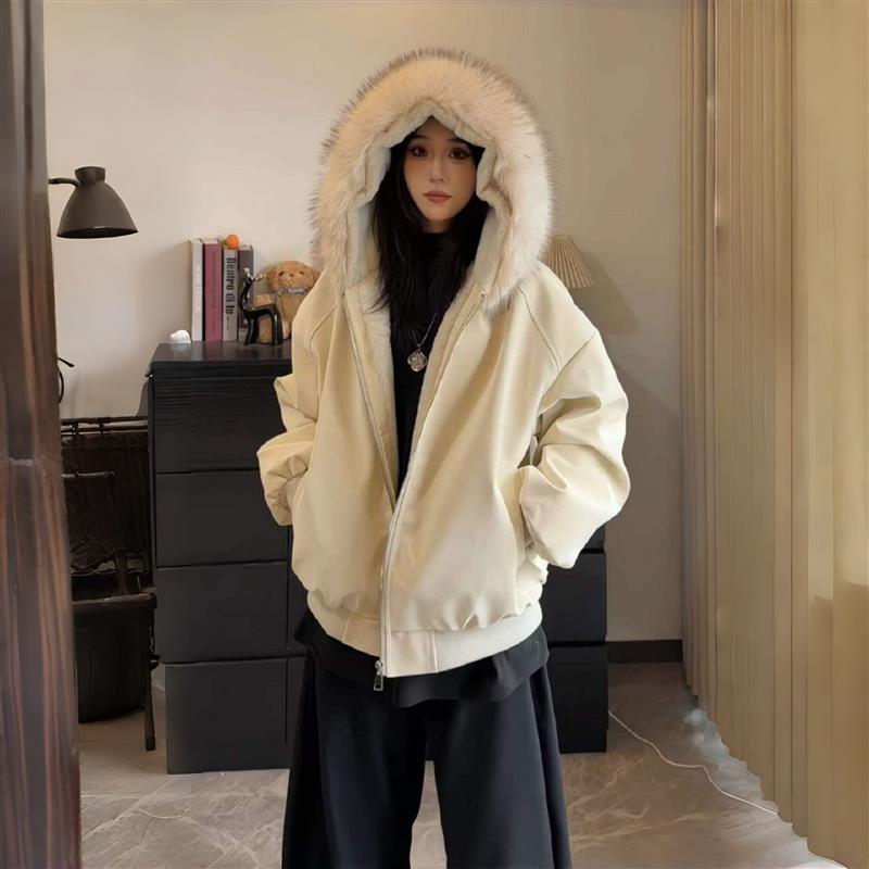 荔枝皮座山雕pu皮仿兔毛绒大毛领棉服2025冬加绒派克服外套潮男女