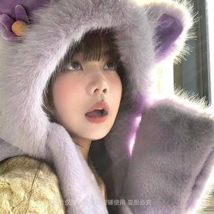 狐狸耳朵毛绒帽子带花围巾手套一体三件套女加厚保暖护耳骑行帽