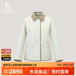 包边翻领外套 Hazzys哈吉斯菱形格棉服女2025秋冬新品 商场同款