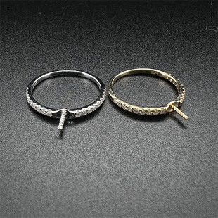 18K金莫桑钻珍珠戒指配件 Au750K金简约单圈排钻式珍珠戒指空托