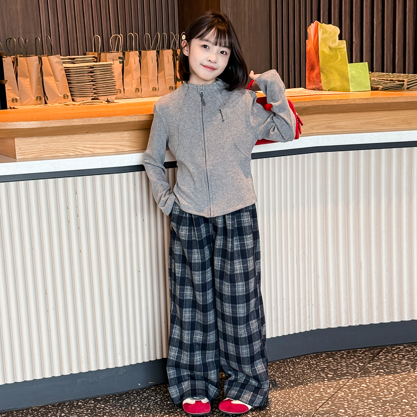 女童秋装开衫卫衣格子阔腿裤套装