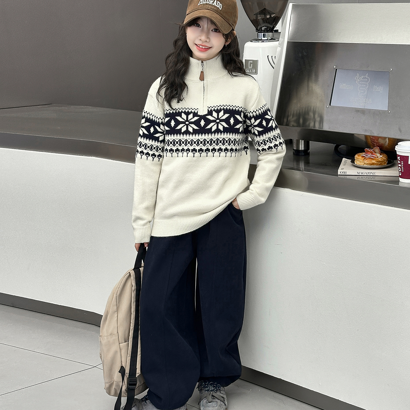 女童冬季费尔岛提花半拉链针织衫