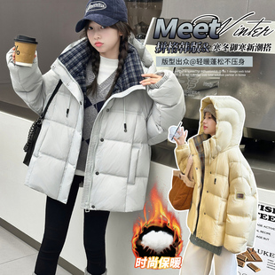 女童冬季加厚棉衣2025新款洋气冬连帽羽绒棉服初中生女孩防风外套