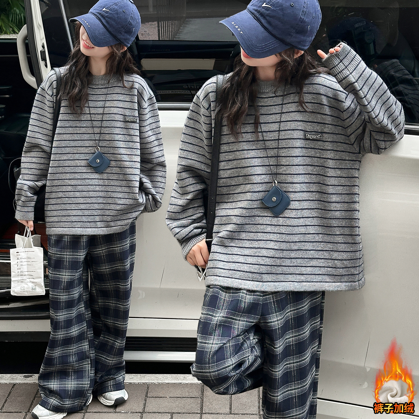 女童秋冬加厚毛衣加绒格子裤套装