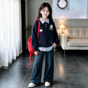 女童秋装休闲套装2026新款洋气秋韩系女孩假两件卫衣牛仔裤两件套