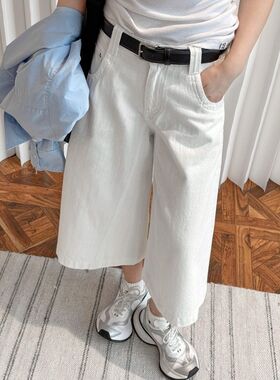 357商店春夏美式街头中性Boyish风白色牛仔裤立体廓形休闲中裤女