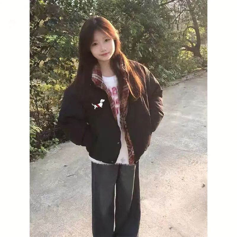 潮牌羽绒棉服外套少女大童冬初中高中学生宽松小个子加绒加厚棉袄