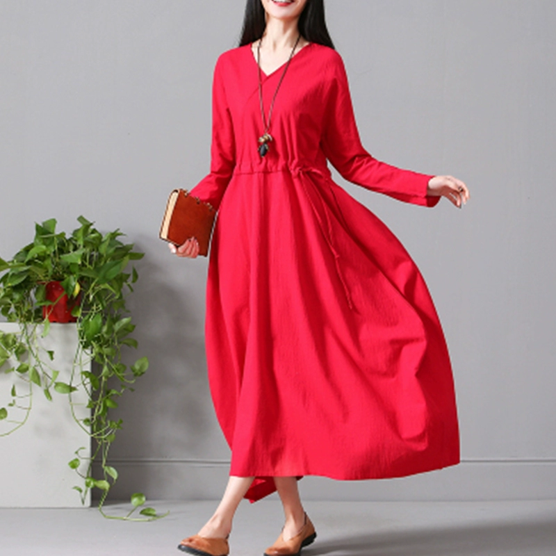 2021 mùa xuân và mùa thu mới cộng với kích thước quần áo của phụ nữ người hâm mộ văn học rộng rãi và lớn váy áo choàng tính khí dài tay áo bông và vải lanh - Váy dài