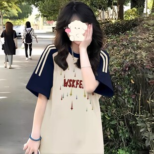 美式三条杠插肩短袖t恤少女大童夏季初中高中学生宽松半袖上衣