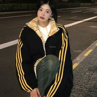 学院风拼接撞色三条杠羽绒棉服少女大童冬季初中高中学生加厚外套