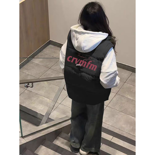 黑色绒羽绒服马甲少女大童秋冬初高中学生小个子宽松内搭外套上衣