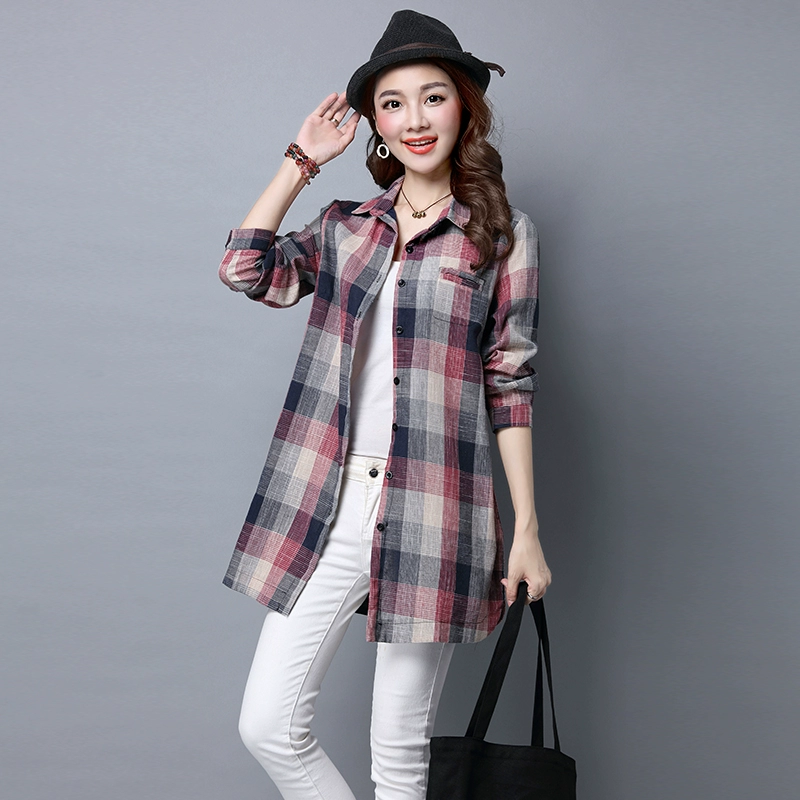 Quần áo mùa xuân và mùa thu 2021 áo sơ mi cotton và lanh nữ béo mm new plus size áo nịt nữ rộng rãi áo sơ mi dài tay kẻ sọc Hàn Quốc - Áo sơ mi dài tay