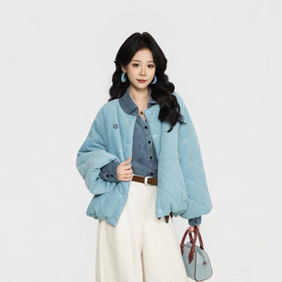 DaYuanSAD芷莹复古日记蓝色厚实保暖棉服女款秋冬季宽松夹棉外套