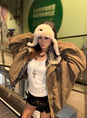 YZ98 毛领座山雕宽松棉服外套男女美式高街覆古十字架棉衣秋冬潮