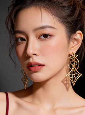 跨境轻奢感夸张气质耳坠四叶草几何菱形镂空蚊香盘耳环耳饰品