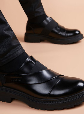 皮鞋男士冬季新款厚底增高真皮商务结婚鞋一脚蹬孟克鞋休闲男鞋子