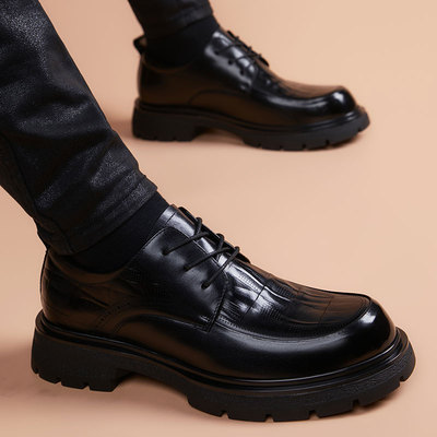 正装皮鞋男春季新款头层牛皮厚底高档真皮商务休闲内增高软面男鞋