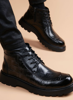 皮靴男款2025新款真皮压纹潮流百搭切尔西短靴英伦风中低帮男靴子