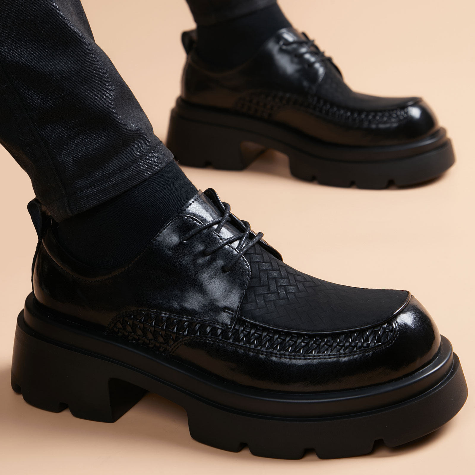 镂空皮鞋男2026新款夏季编织透气防臭厚底增高德比鞋真皮休闲男鞋