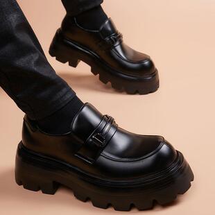 休闲皮鞋男套脚一脚蹬厚底增高德比鞋新款英伦风商务正装百搭男鞋
