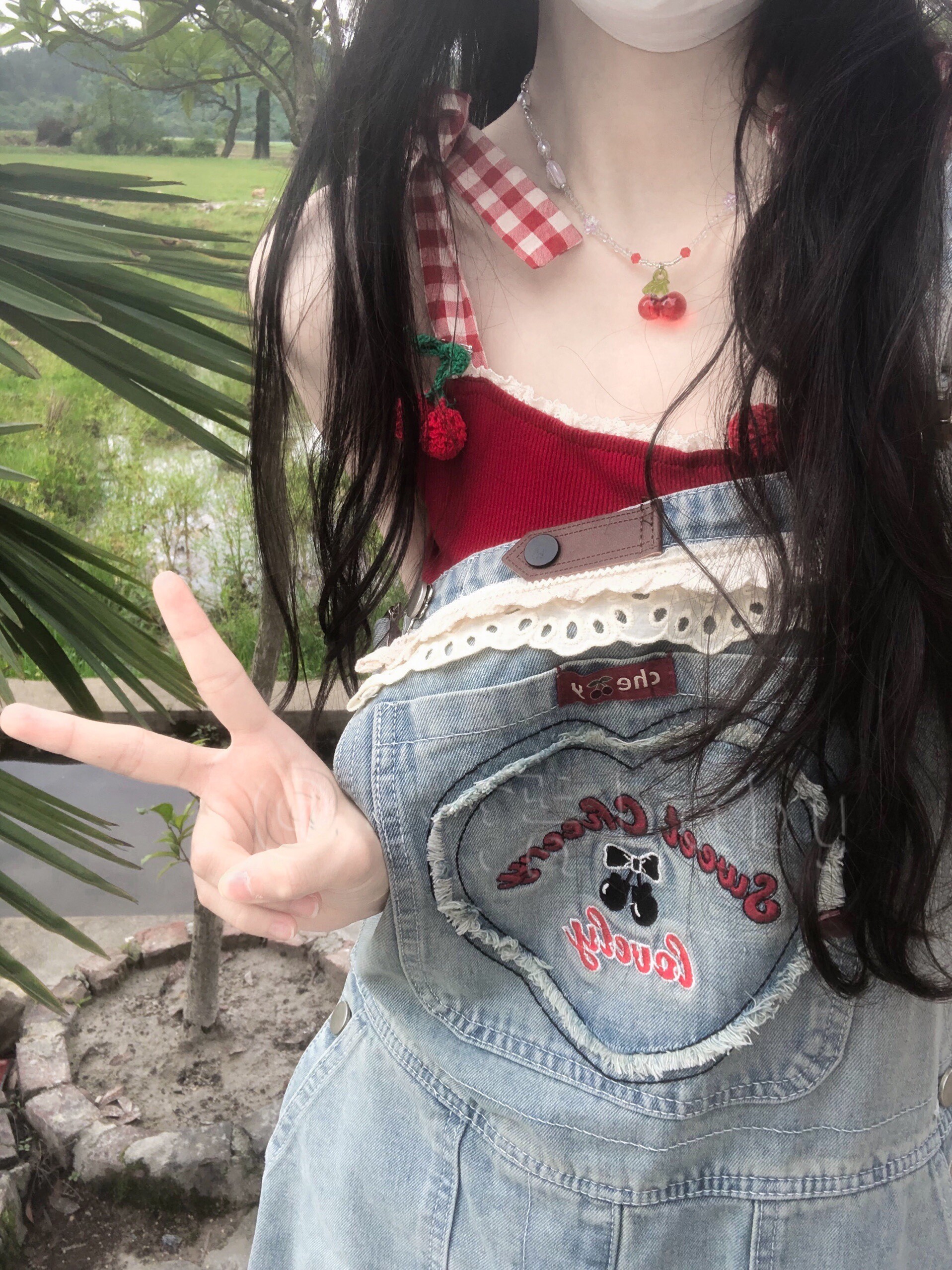 CHERRY TENNA DENIM SUSPENDERS WOMENS SUMMER KOREAN VERSION LOOSE CUTE STUDENT AGE REDUCTION SMALL STRAIGHT JUMPSUIT