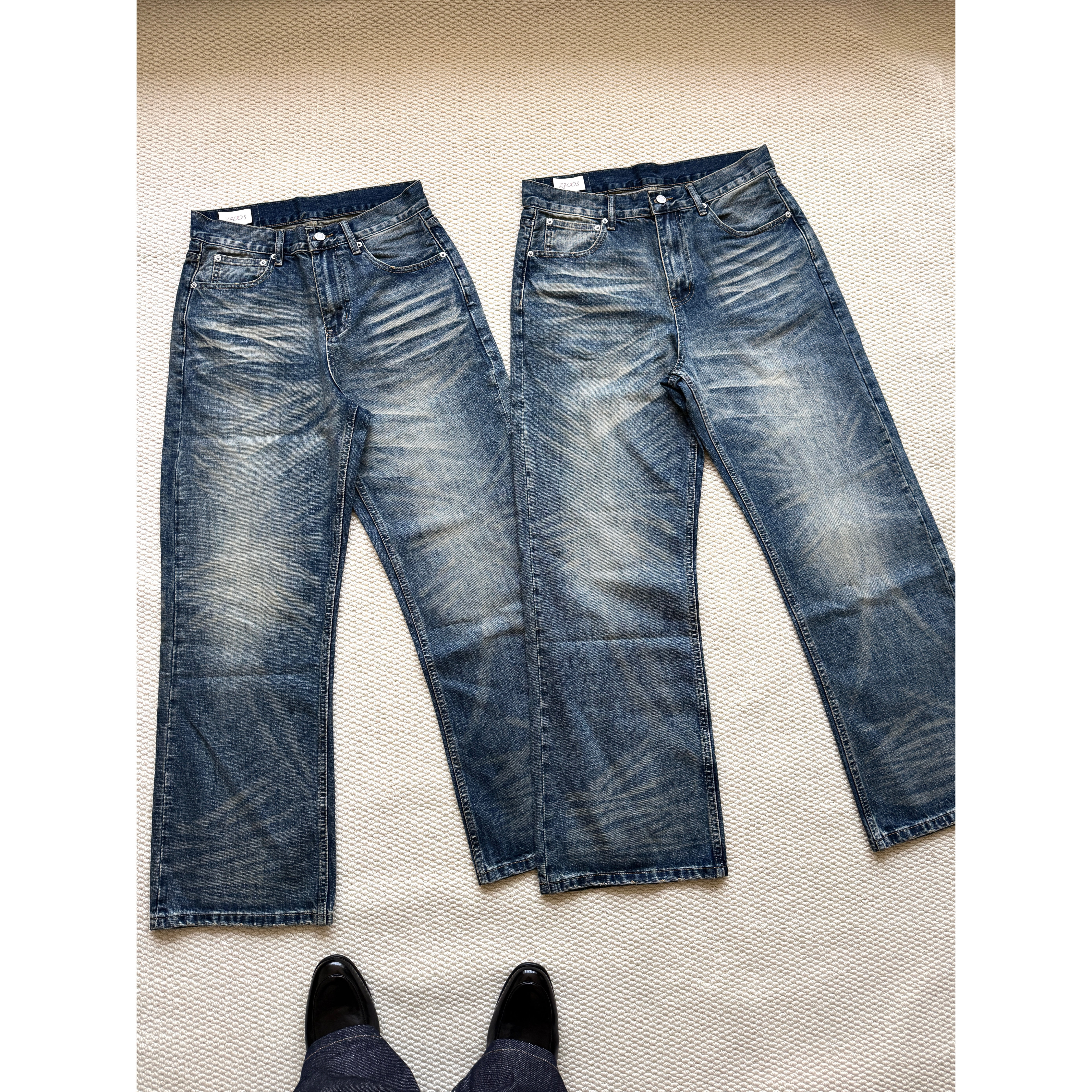 ZHIOS美式复古压痕褶皱猫须做旧水洗牛仔裤直筒宽松堆积长裤男女