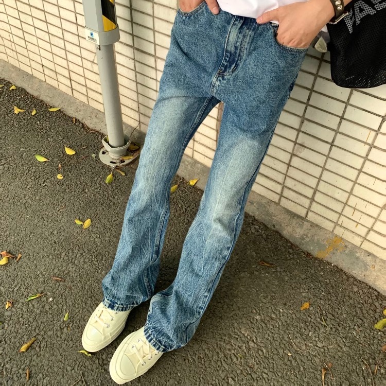 ZHIOS美式闪电裂纹水洗冰蓝直筒微喇牛仔裤蓝牛显瘦男女cleanfit