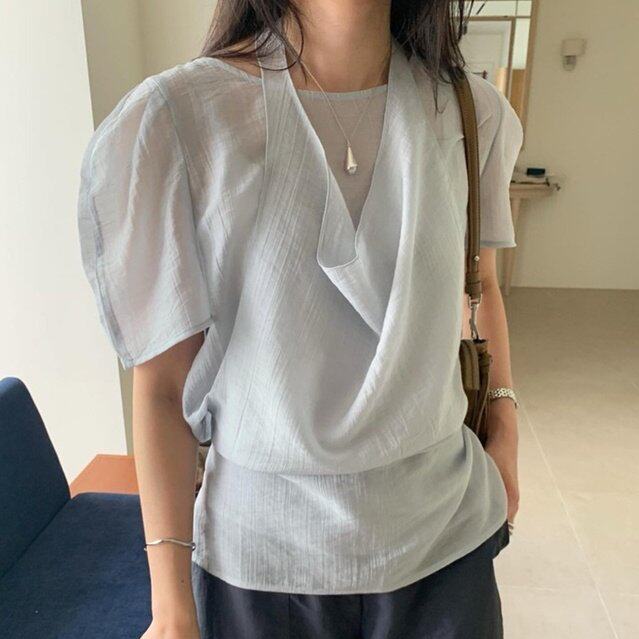 实物图已更新 短袖衬衫女2026年夏季新款韩设计感挂脖两件套上衣