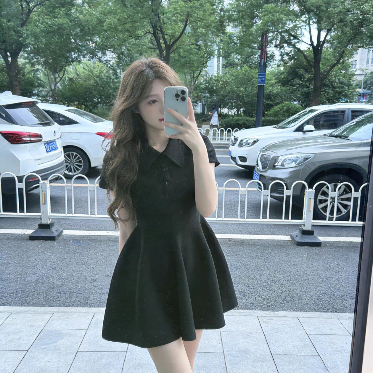 衬衫领弹力娃娃裙设计感收腰显瘦蓬蓬a字黑色短裙连衣裙女