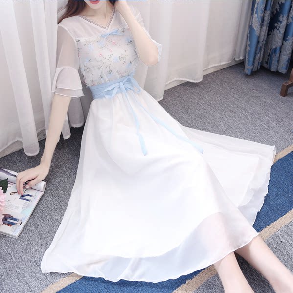 bllouke仙气及踝长裙女气质高中学生夏00后森女小清新有带袖连衣