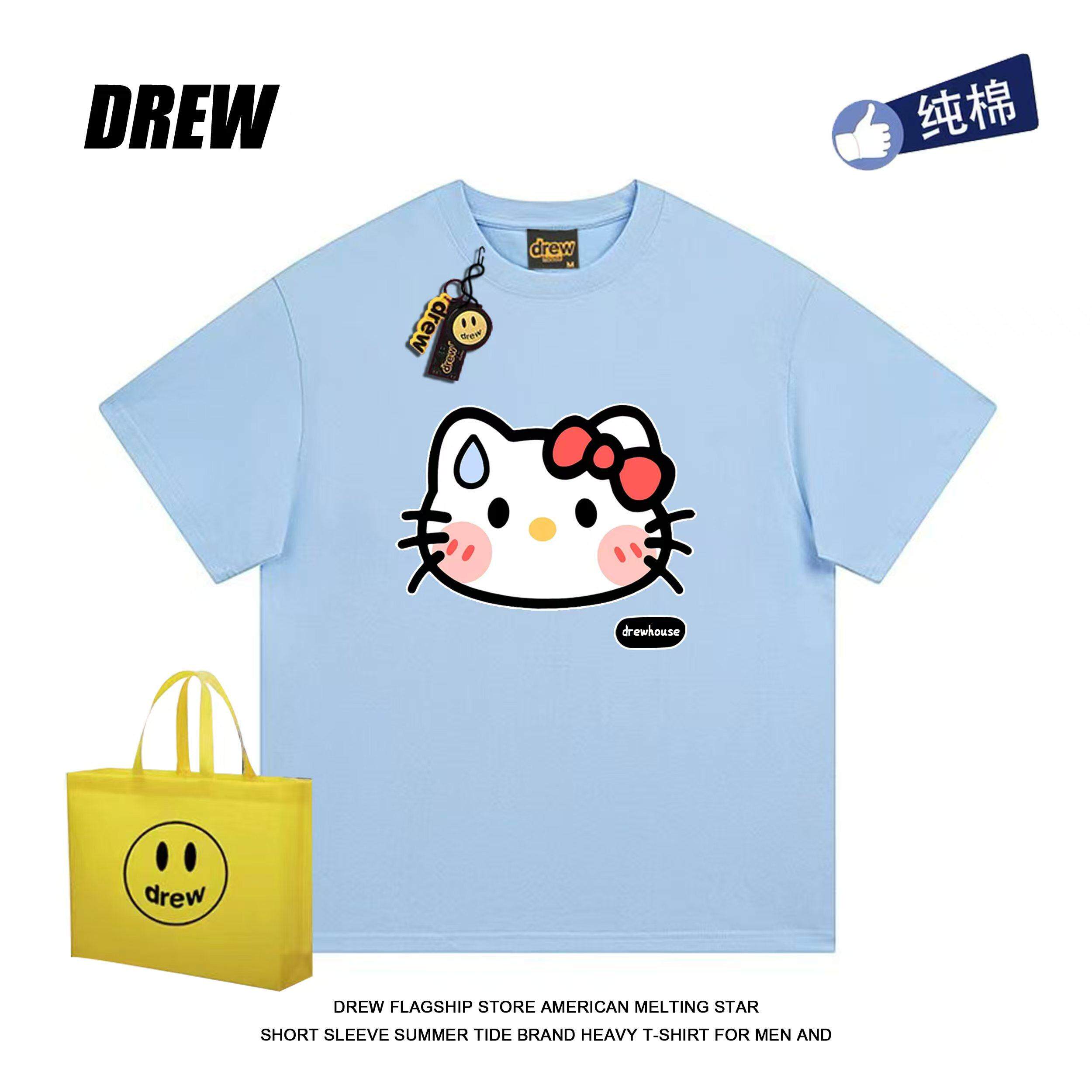drew卡通流汗Kitty猫美式时尚新款短袖T恤男女情侣款百搭宽松上衣