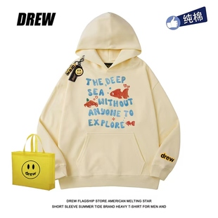 drew趣味金鱼螃蟹字母印花休闲简约秋冬连帽卫衣纯棉宽松情侣上衣