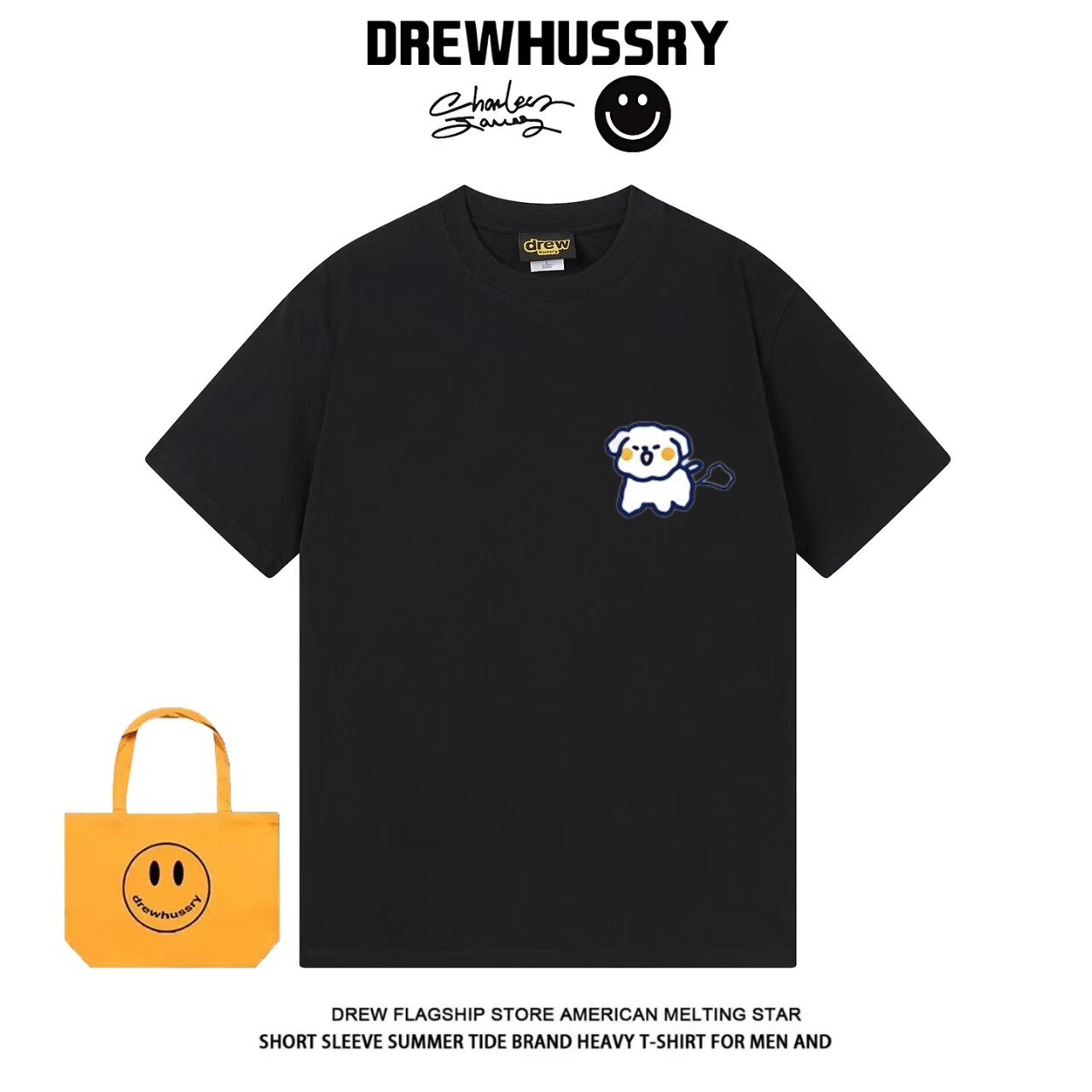 drew卡通休闲简约趣味小狗狗印花小众正肩纯棉重磅短袖T恤男女tee
