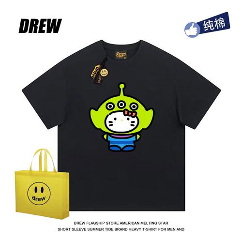 drew美式三眼仔kt猫趣味印花短袖T恤男女百搭新款重磅纯棉小众